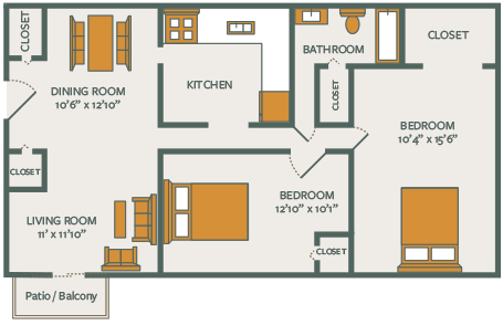 Floor plan for 2 beds, 1 bath, 720 sqft